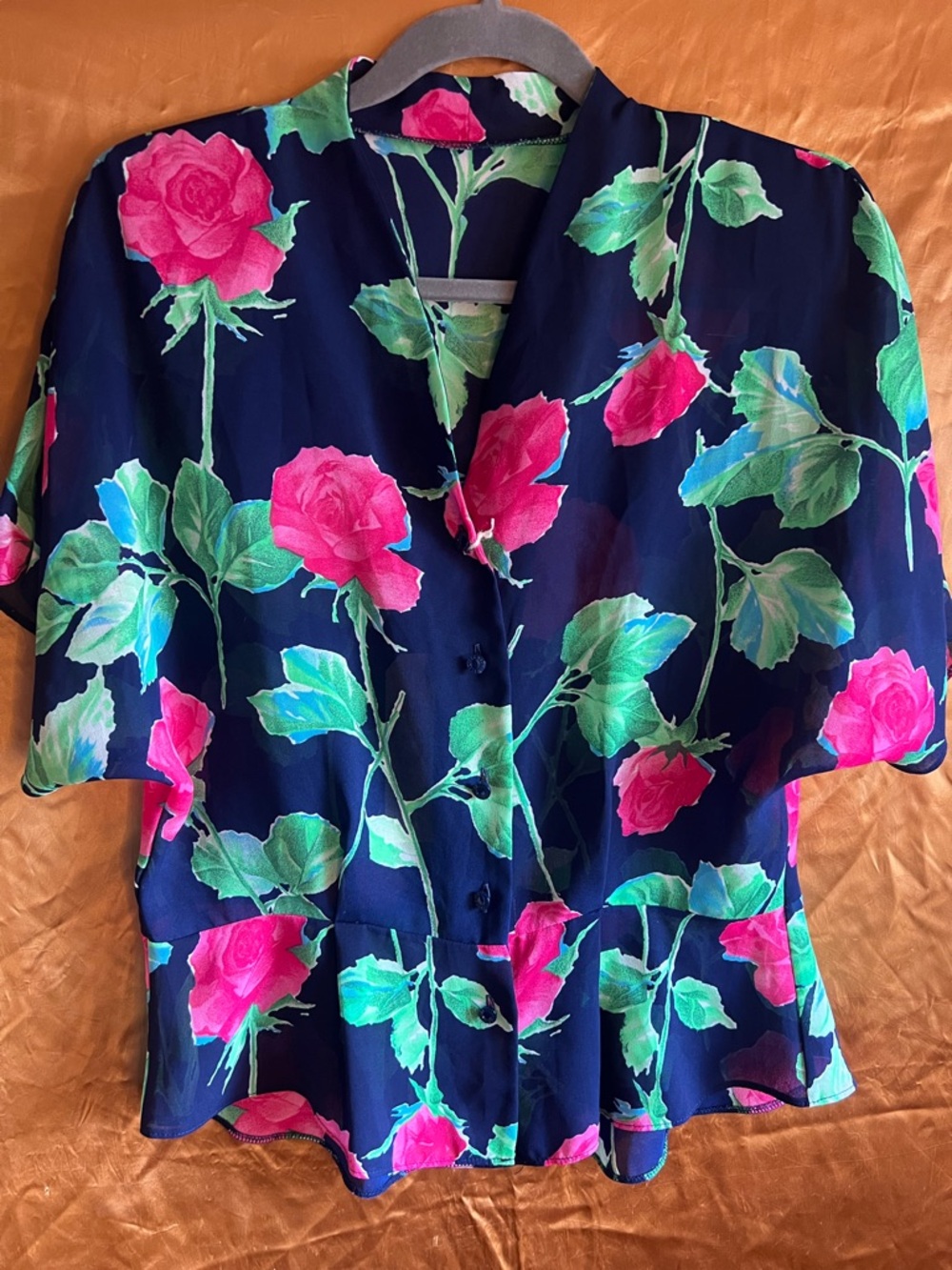 Vintage Floral Button-Front Women’s Chiffon Top in Navy with Pink Roses